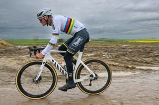 Dutch Mathieu van der Poel of Alpecin-Deceuninck is pictured in action during the reconnaissance of the track ahead of this year's Paris-Roubaix cycling race, Friday 05 April 2024, around Roubaix, France.