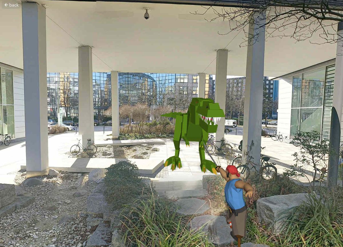 Real photo combined with virtual characters: man vs dinoasaur