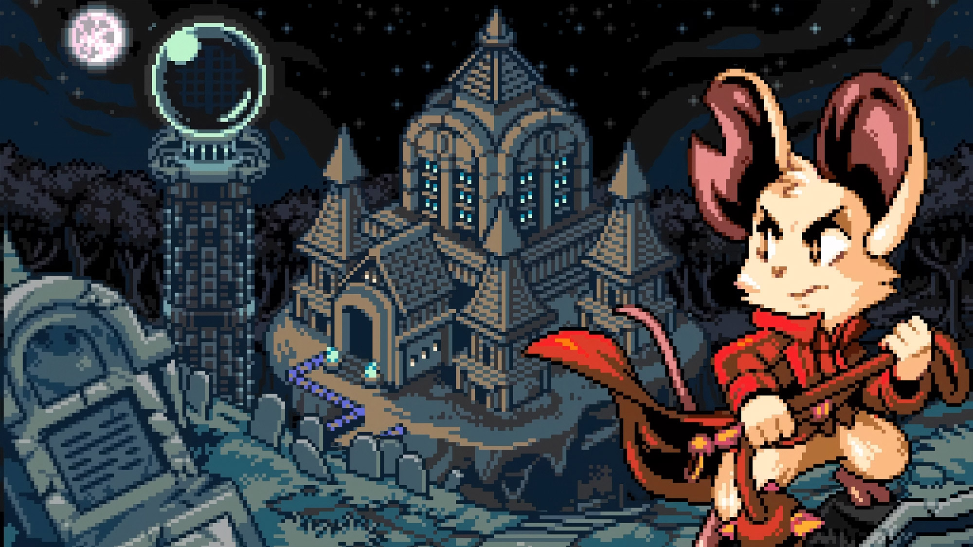 Mina the Hollower - Key art of Mina leaving an old creepy castle behind