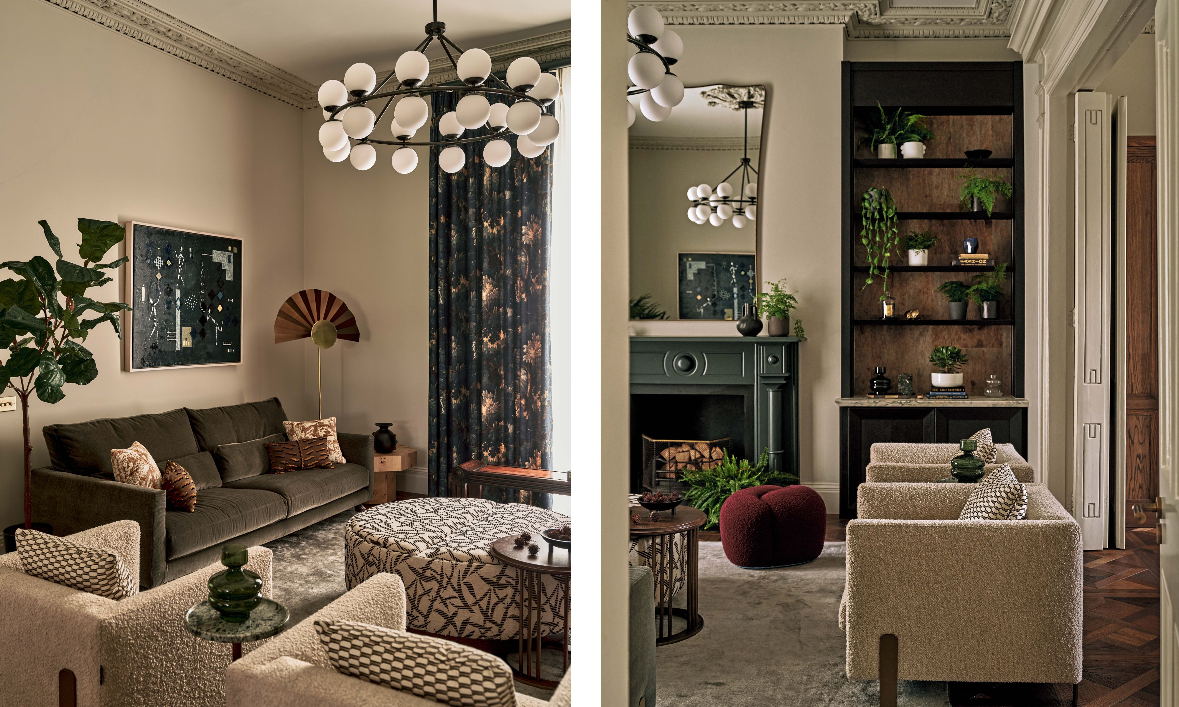 Left image: a beige sitting room with a gray velvet sofa and two cream armchairs. A patterned ottoman sits in the middle and dark floral patterned drapes are around the window. A modern globe chandelier is above. Right image: a different view of the same living room showing a dark gray painted fireplace with a large mirror above and built in alcove shelving also painted in a dark gray