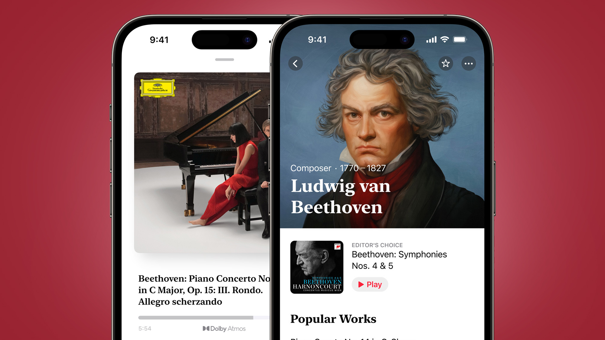 Zwei iPhones auf rotem Hintergrund, die die Apple Music Classical App zeigen