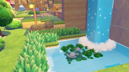 A scenic shot of duckweed growing under a waterfall in Pokemon Pokopia
