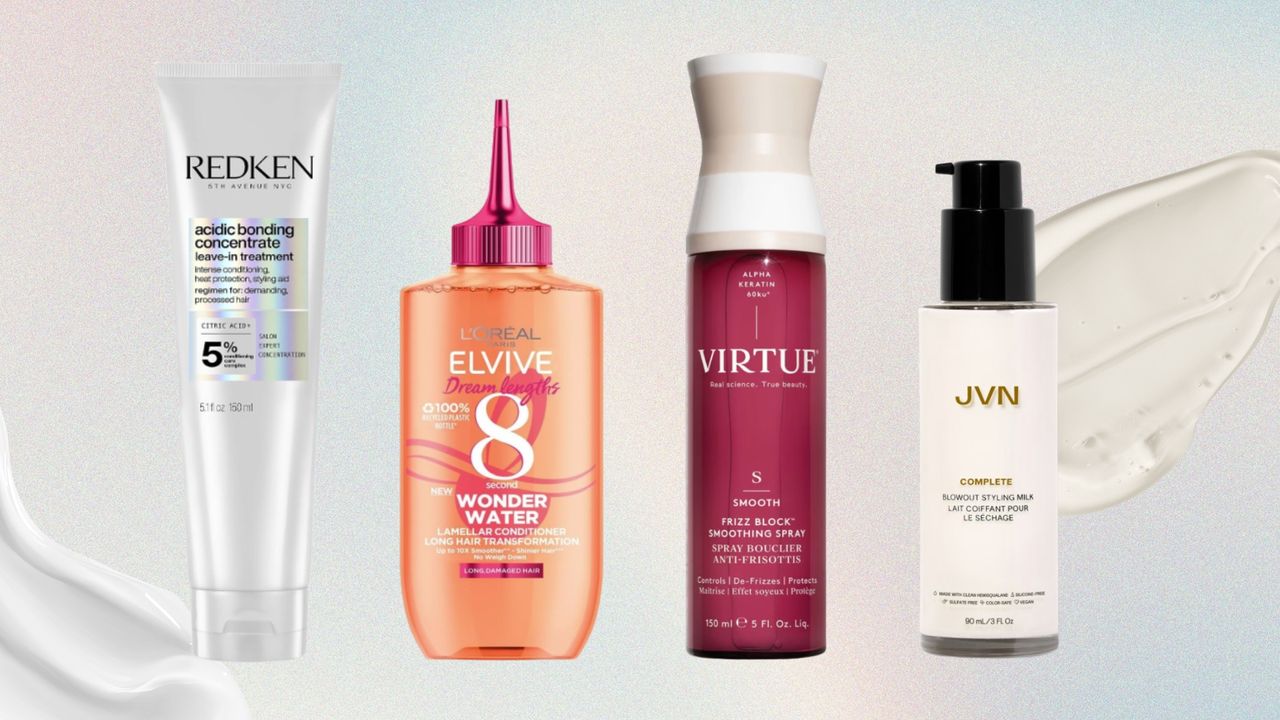 A collage of four of the best hair straightening products featured in this guide, including REDKEN&#039;s Acidic Bonding treatment, L&#039;Oreal&#039;s Wonder Water, Virtue&#039;s Frizz Block Smoothing Spray and the JVN Complete Blowout Styling Milk/ featured on a pink, blue and yellow gradient template with swatches of hair cream and serum.