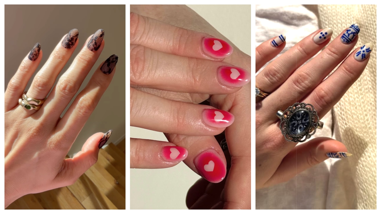 three hands with painted nails in bright lighting