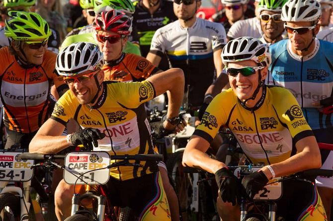 Christoph Sauser and Jaroslav Kulhavy on the start line for the final time