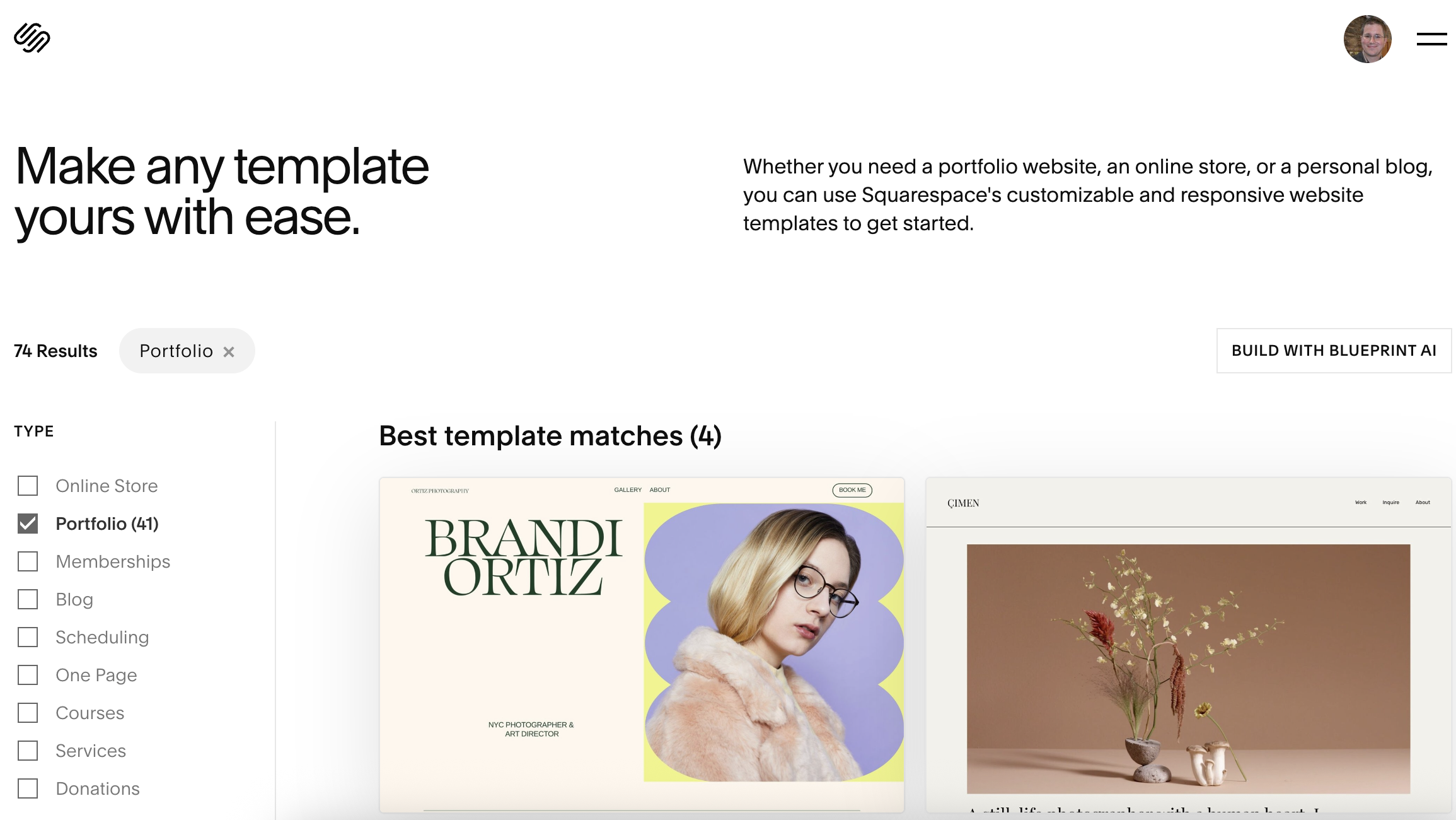 Screengrab showing template selection in Squarespace
