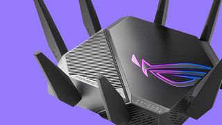 A gaming router against a purple background