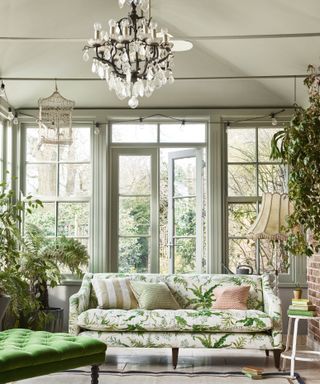 Chintz prints, living room with botanical decor
