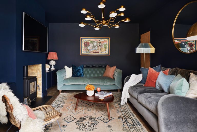 11 Blue Living Room Ideas To Show, Dark Blue Living Room Grey Sofa
