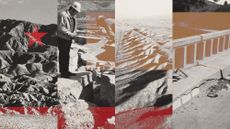 Photo collage of the San Andreas geologic Fault Line, men in hard hats inspecting earthquake damage, the Carrizo Plain, and structural cracks to a bridge in Parkfield, California