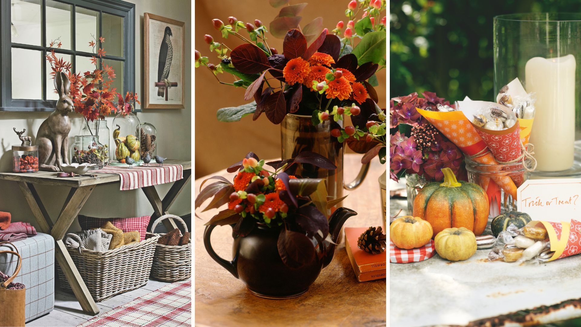 Collage of three autumn tablescape ideas with jars fulled with acorns, flowers in teapots and pumpkins