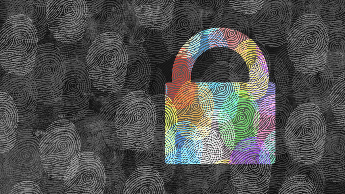 Hackers exposed: A multicoloured padlock on a dark background with fingerprints overlaid all ove rthe image, denoting identity and cyber security