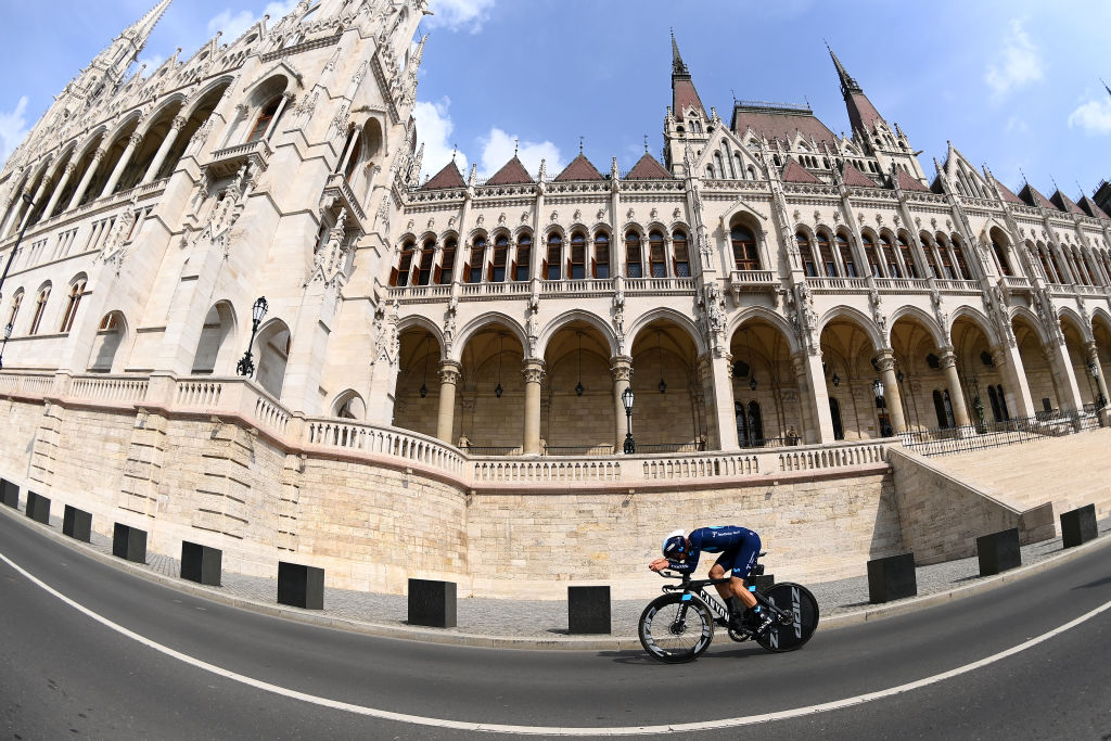 BUDAPEST HUNGARY  MAY 07 William Barta of United States and Movistar Team sprints next to the Hungarian Parliament in the city of Budapest during the 105th Giro dItalia 2022 Stage 2 a 92km individual time trial stage from Budapest to Budapest  ITT  Giro  WorldTour  on May 07 2022 in Budapest Hungary Photo by Tim de WaeleGetty Images