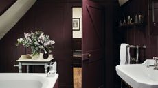 aubergine eggplant bathroom with white bath, sink, side table, shiplap walls, shelving, towel storage, Farrow & Ball 