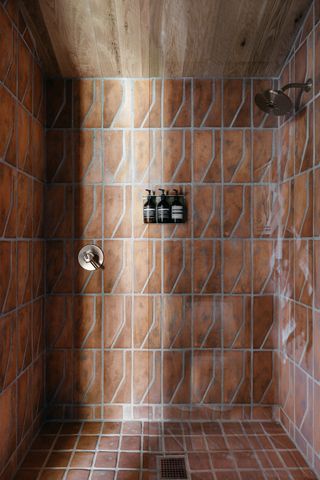 terracotta tiles in shoer room, project by 1000xbetter