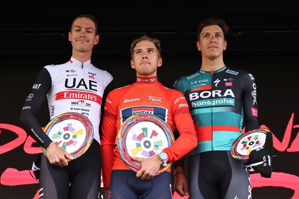 Deutschland Tour 2023 overall podium (l-r): second place Felix Gro&szlig;schartner (UAE Team Emirates), winner Ilan Van Wilder (Soudal-Quick Step) and third place Danny van Poppel (Bora-Hansgrohe)