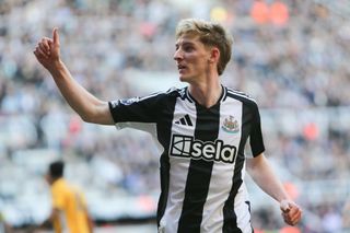 Newcastle United's Anthony Gordon gestures to the crowd during the Premier League match between Newcastle United and Brighton and Hove Albion at St. James's Park in Newcastle, United Kingdom, on October 19, 2024.