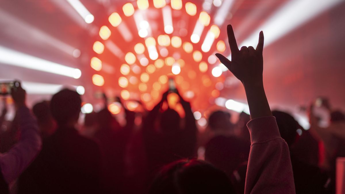 A fan rocks out with hand in the air at a concert.