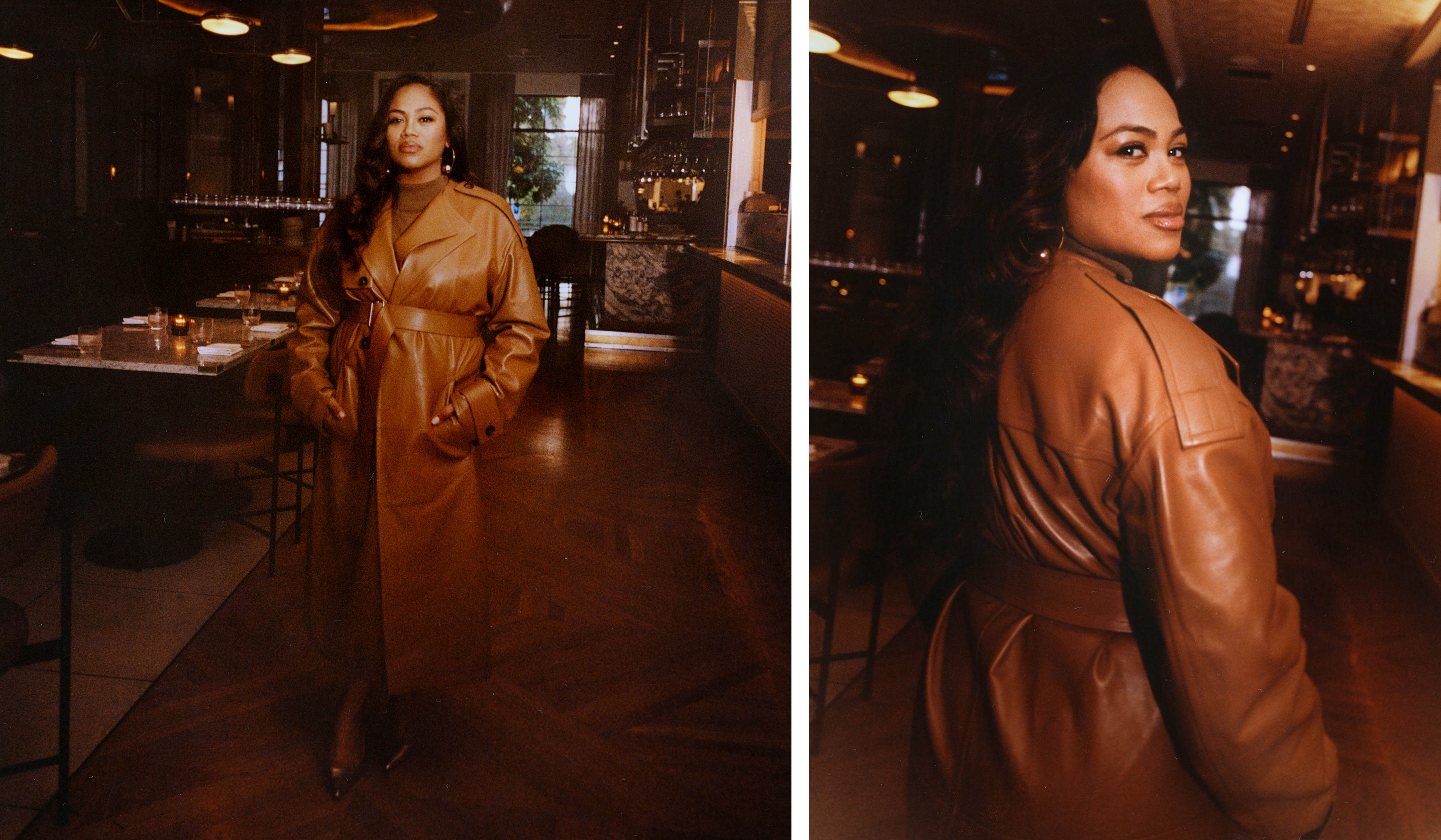 two photos of Zinzi Coogler wearing a leather jacket in a restaurant