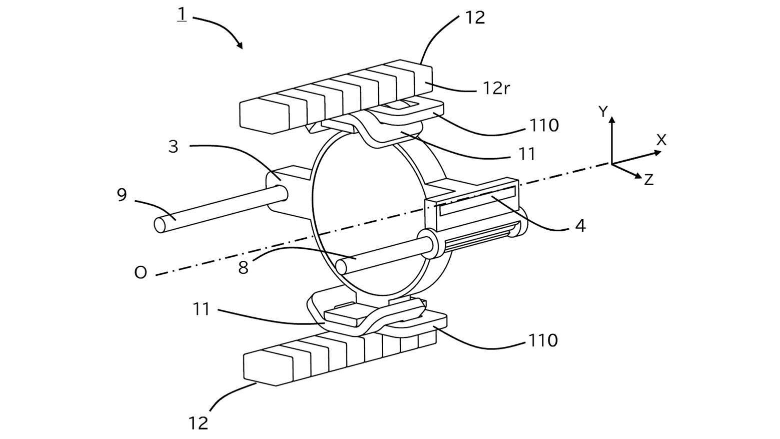 Canon’s patent application (JP 2025-080717): Illustration of a mechanical assembly with labeled components, including a circular part, rods, and a coordinate system (X, Y, Z)