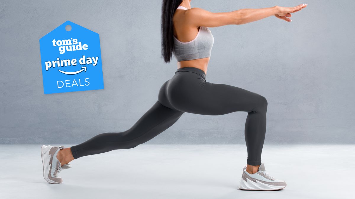 a woman in workout wear bending into a lunge with a Tom&#039;s Guide Prime Day deals badge above her