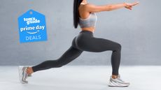 a woman in workout wear bending into a lunge with a Tom's Guide Prime Day deals badge above her