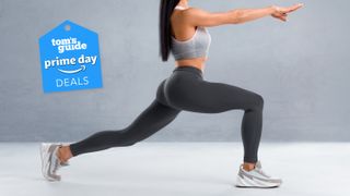 a woman in workout wear bending into a lunge with a Tom's Guide Prime Day deals badge above her