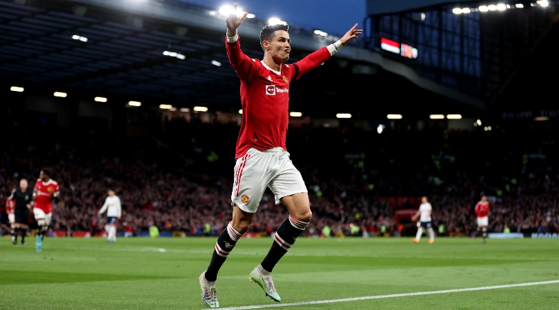 Cristiano Ronaldo celebrates a goal for Manchester United against Tottenham.