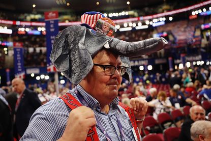 A Republican National Convention attendee wears an elephant hat.
