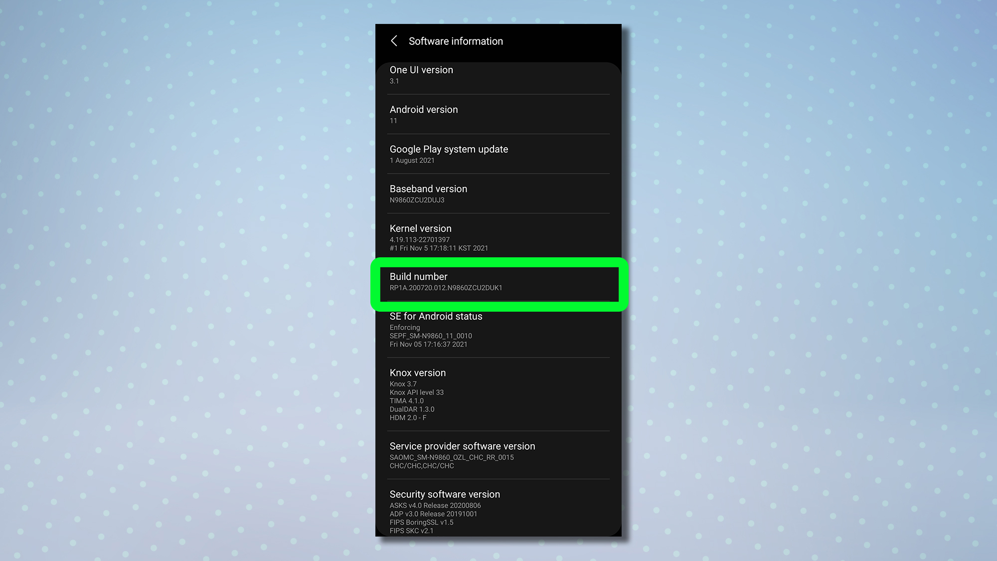 A screenshot showing the Android software information menu