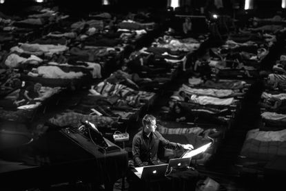 Max Richter during a live performance of his composition SLEEP in black and white