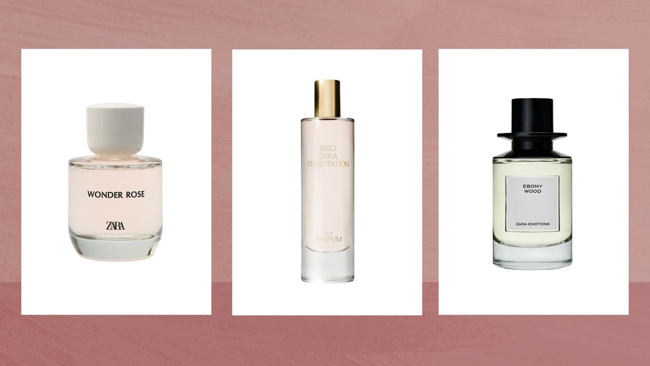 Collage of three of the best Zara perfumes featured in this guide (left to right): Wonder Rose, Red Temptation and Ebony Woods