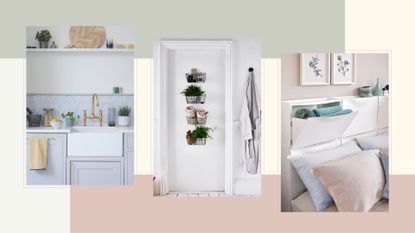 compilation of three clean rooms on a green and pink background to support spring cleaning tips