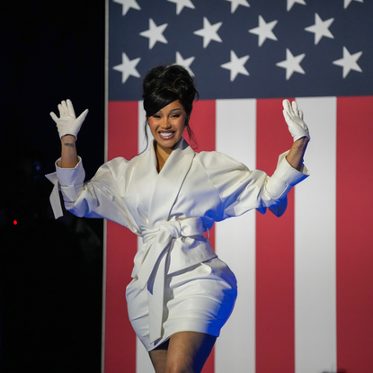 Cardi B arrives during a campaign rally for Democratic presidential nominee, U.S. Vice President Kamala Harris at the Wisconsin State Fair Park Exposition Center on November 1, 2024 in West Allis, Wisconsin. With four days until election day, Vice President Kamala Harris is campaigning in Wisconsin.