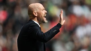 Manchester United manager Erik ten Hag gives instructions to his players during their FA Cup semi-final against Coventry City at Wembley in April 2024.