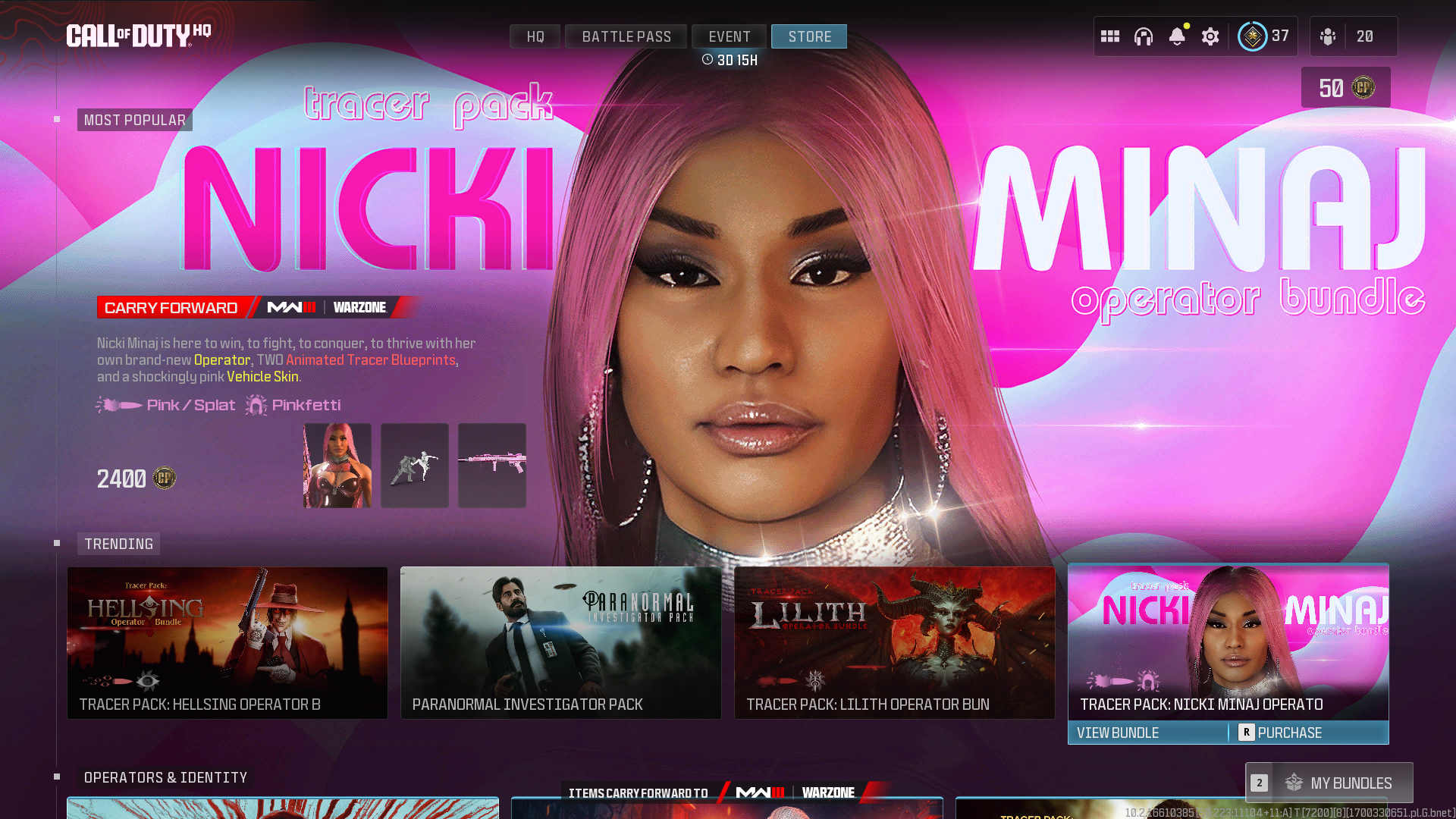 A screenshot of the Call of Duty in-game store, showing a series of increasingly out-of-place cosmetic bundles and featuring a Nicki Minaj skin.