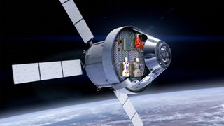 spacecraft flying in earth orbit with three mannequins shown in a cutaway