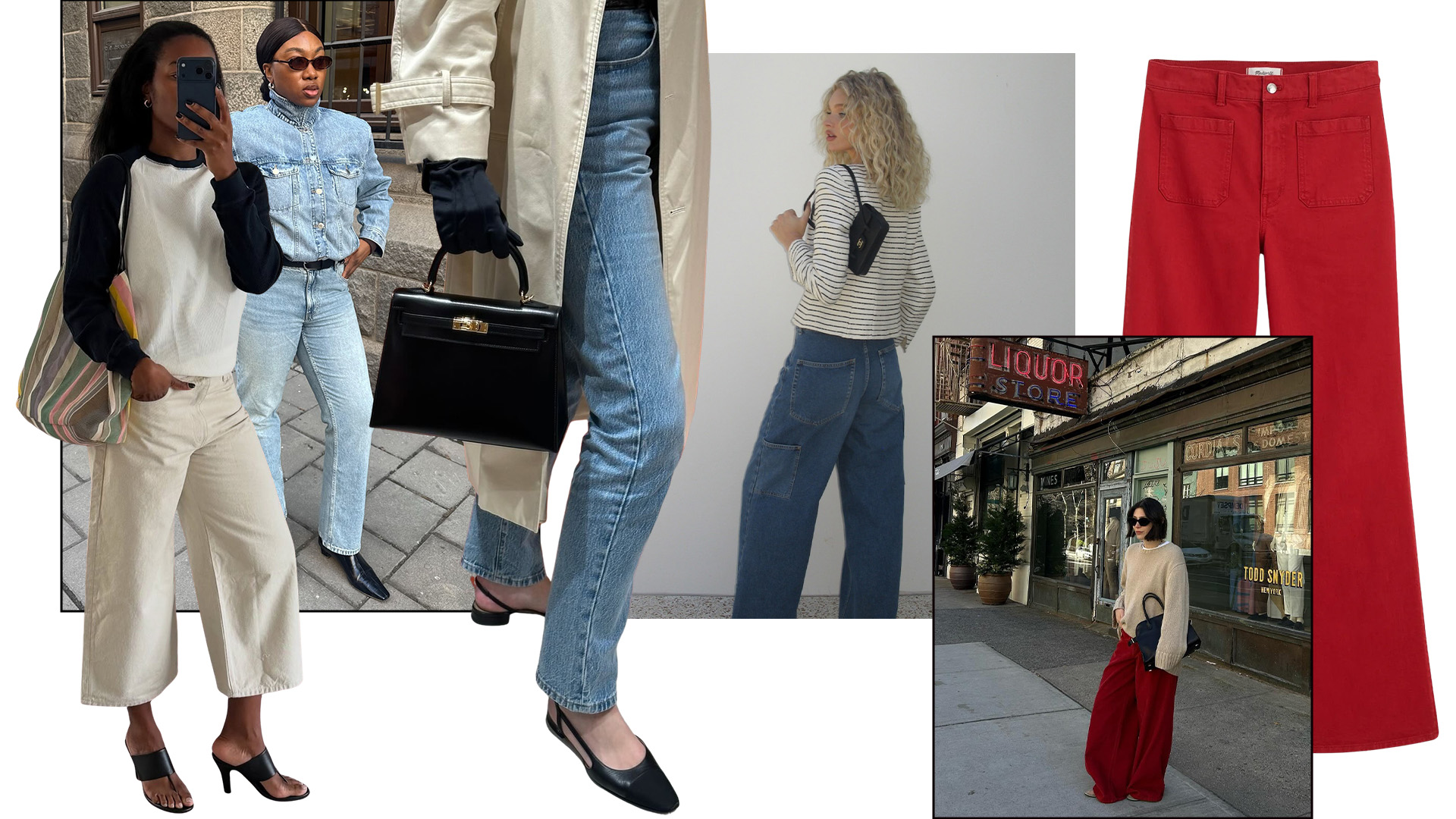 Collage of women wearing different spring 2026 jeans trends.