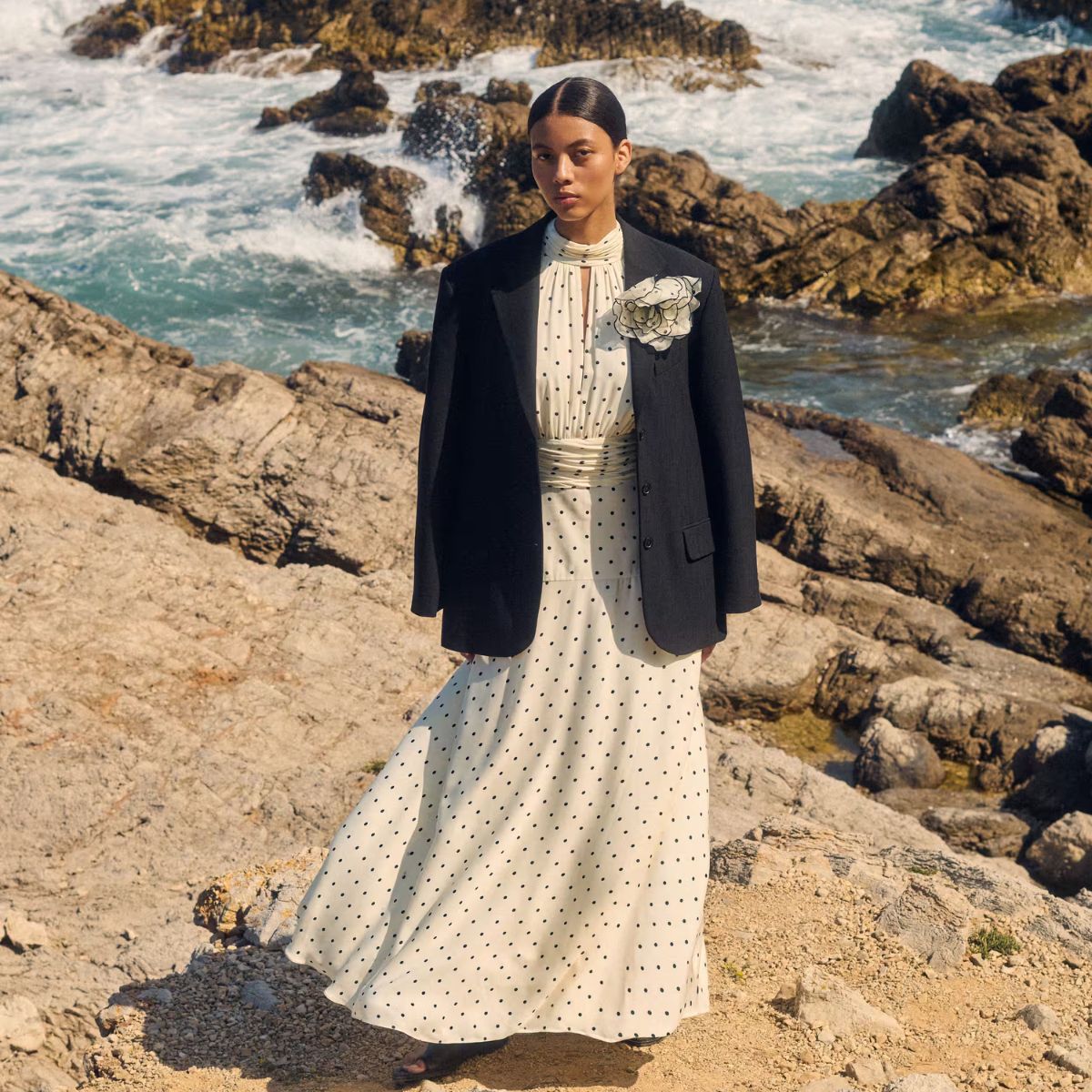 model wearing me+em polka dot dress and blazer