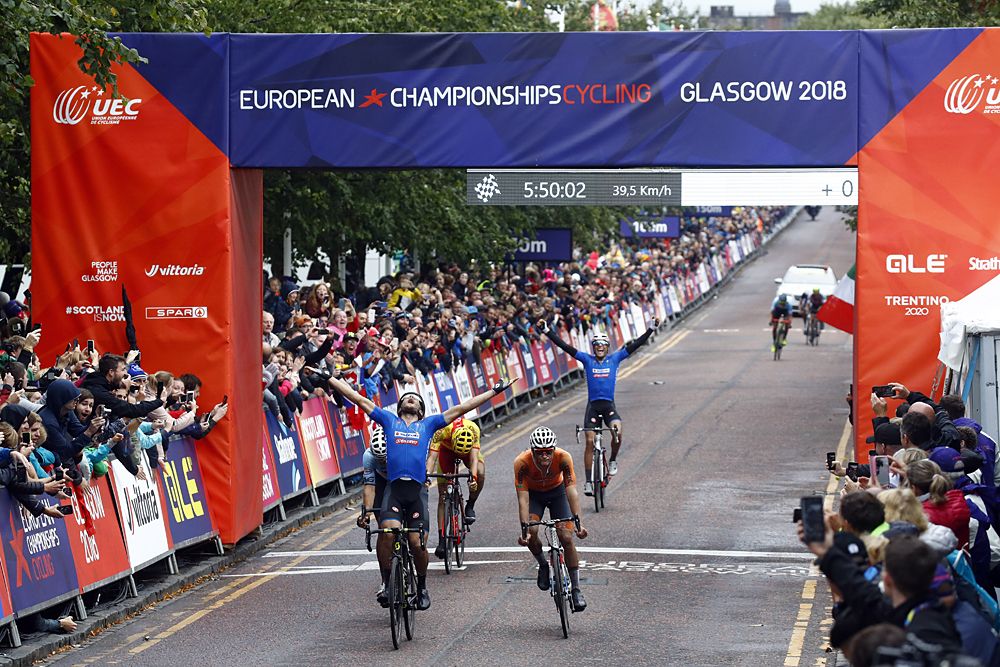 Matteo Trentin (Italy) wins the men's road race at the 2018 European Championships in Glasgow