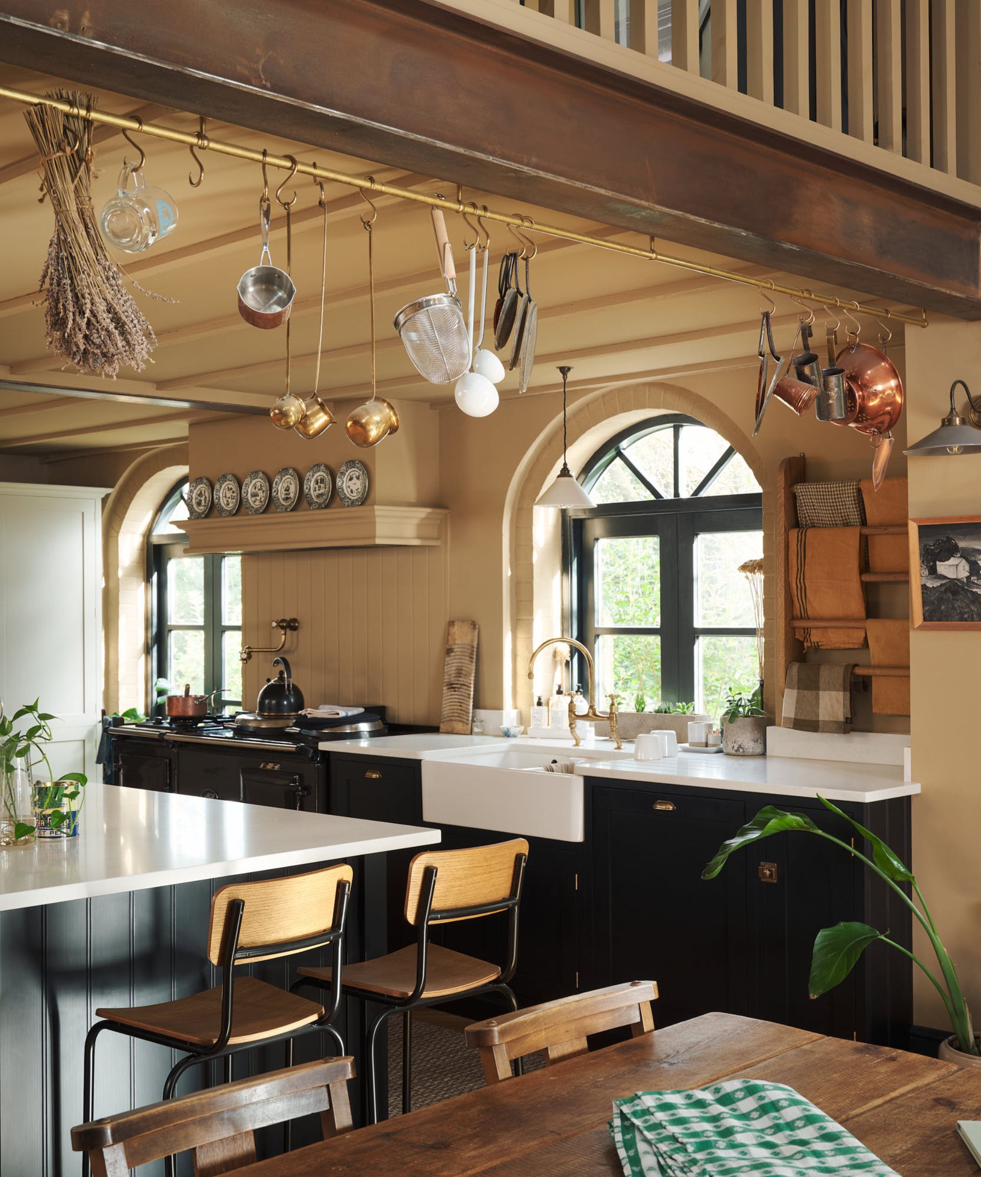 A traditional kitchen with wall storage that doubles as decor
