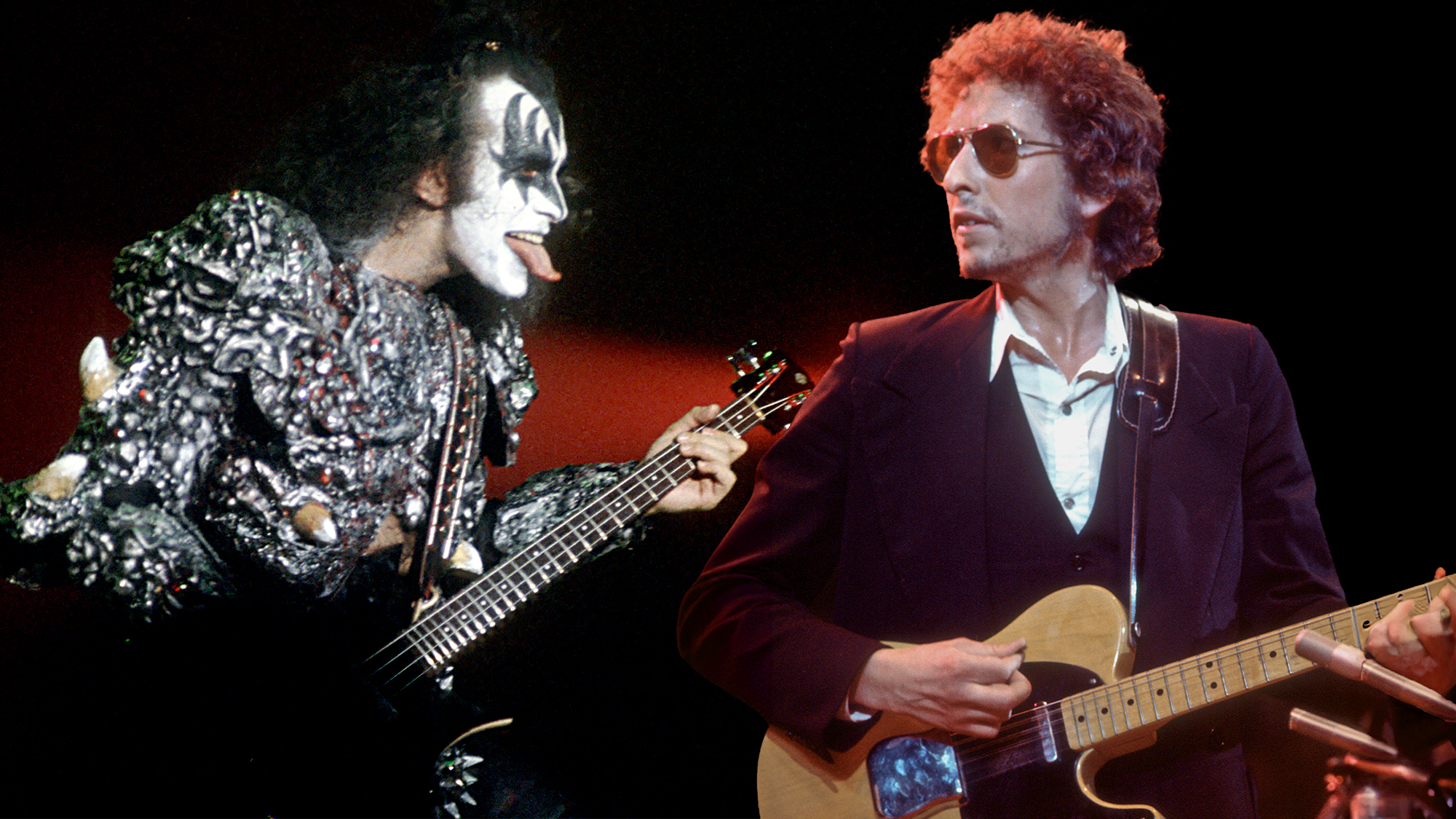 A composite image showing LEFT: Simmons, circa 1980. RIGHT: 1974: Bob Dylan plays a Fender Telecaster electric guitar on stage in 1974. 