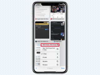 A red box highlights "New Empty Tab Group" button in a pop-up menu Safari on iOS 15