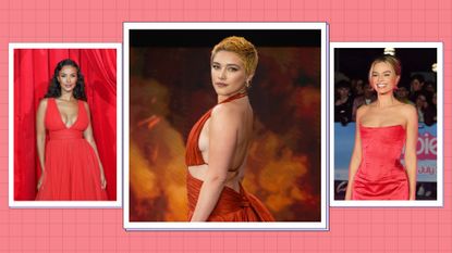 Maya Jama, Florence Pugh and Margot Robbie pictured wearing red dresses/ in a light red template