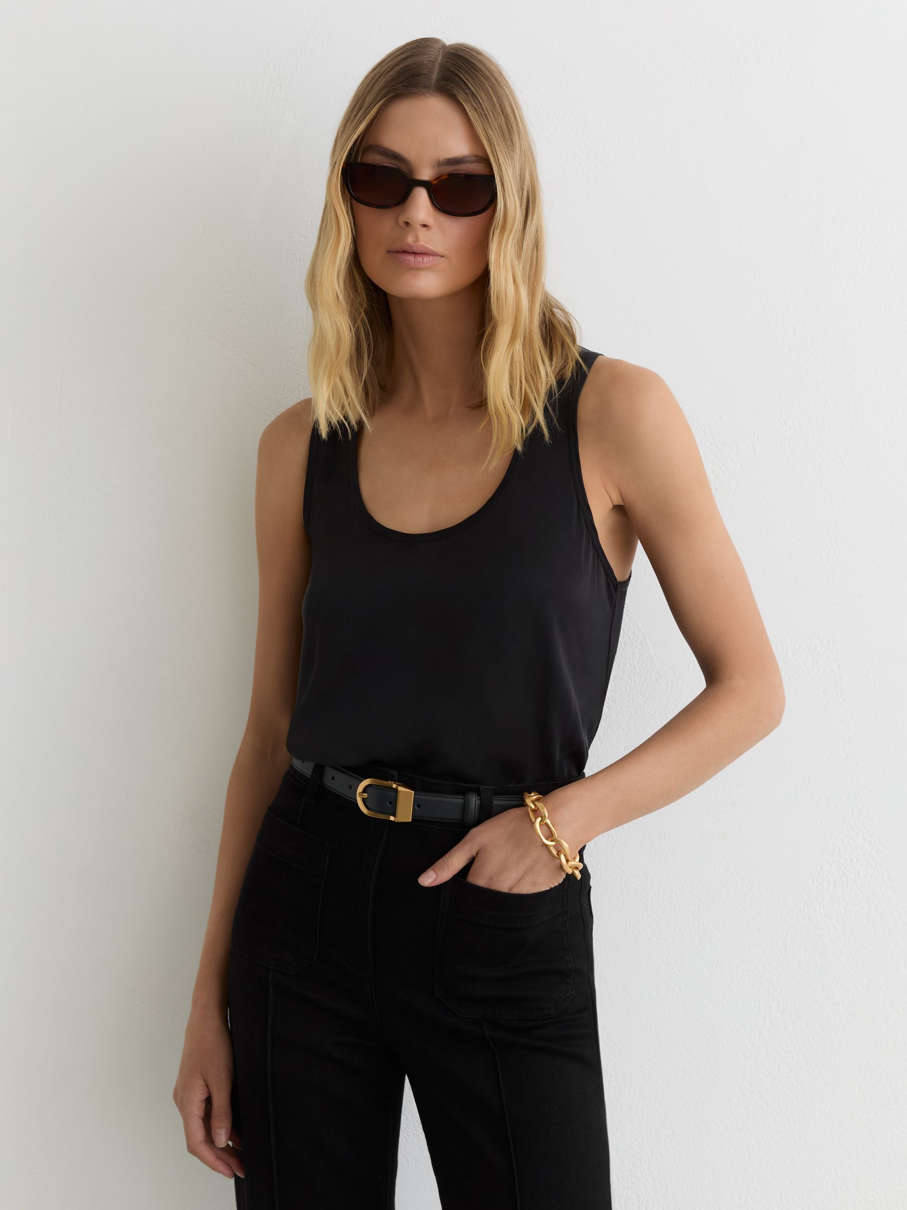 Silk-Front Cami Top in Black