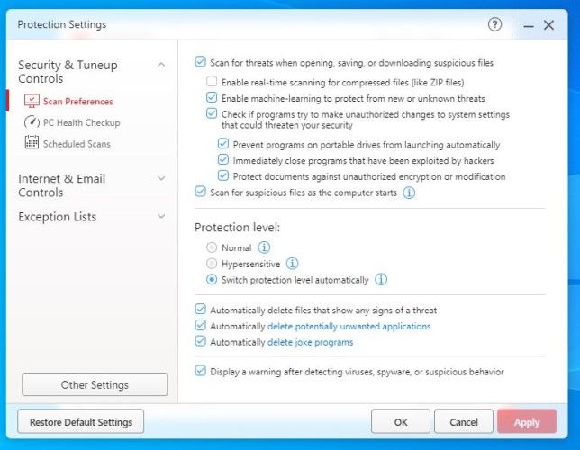 Screenshot of Trend Micro setting configurations on a Windows computer