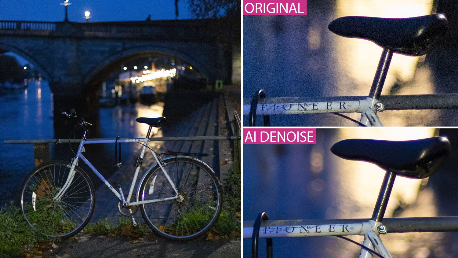 A low light scene of a river at night showing the difference between examples using AI Denoise