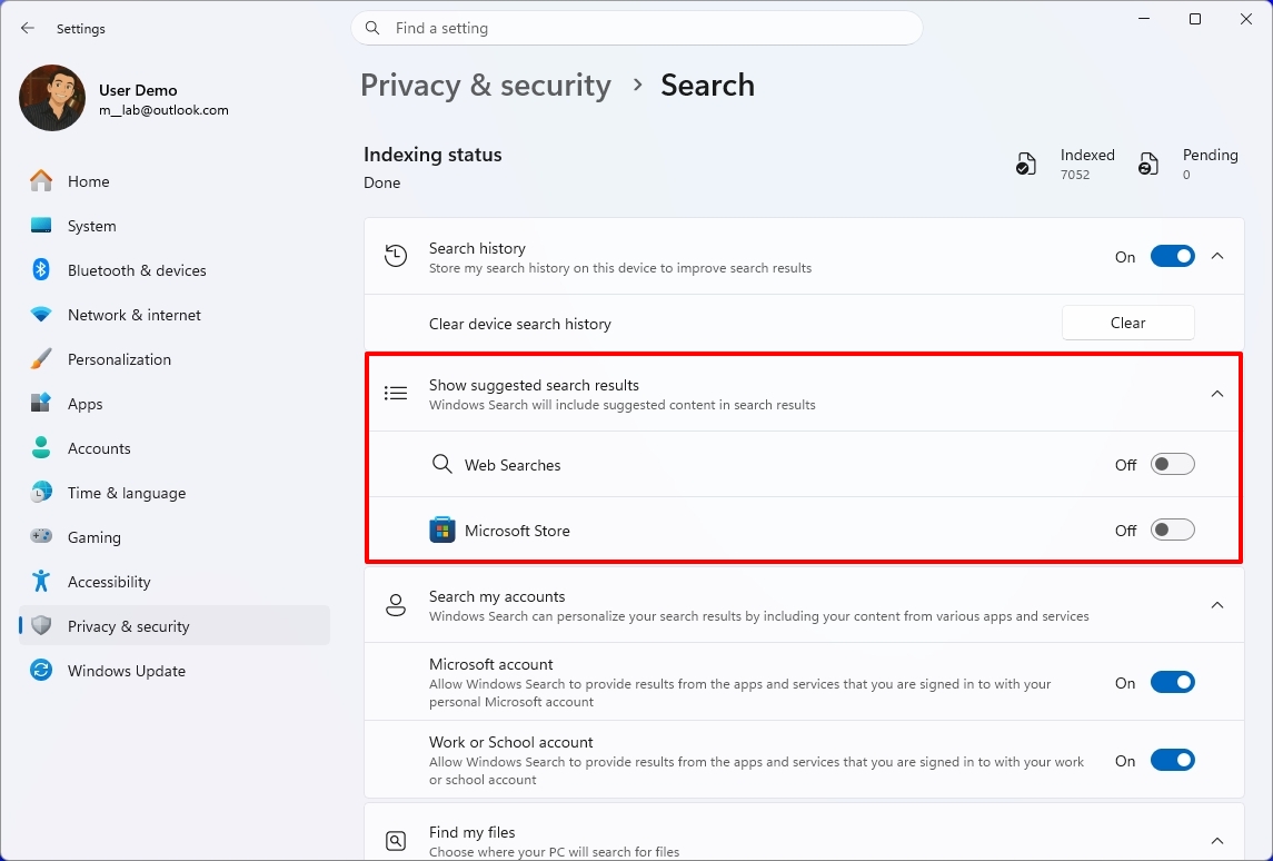 Windows Search with the option to disable web searches and Microsoft Store apps in results.