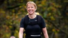 Sara Cox runs through Wolsingham, County Durham, during Day 3 of her Great Northern Marathon Challenge in aid of Children in Need