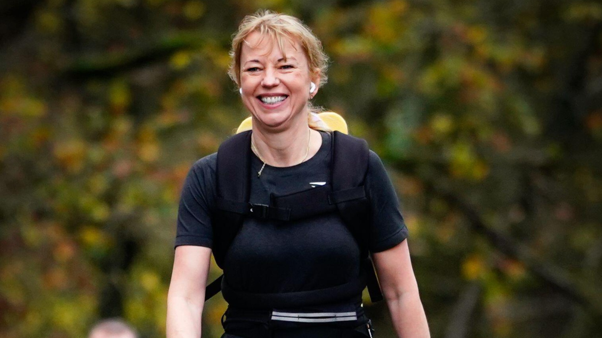 Sara Cox runs through Wolsingham, County Durham, during Day 3 of her Great Northern Marathon Challenge in aid of Children in Need